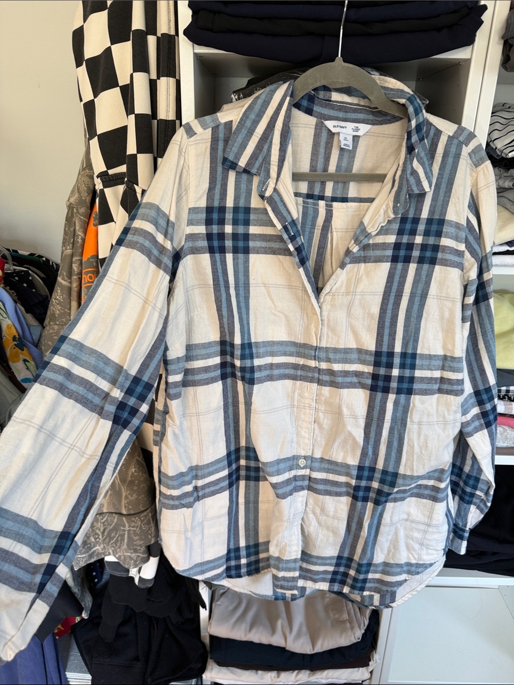 Old Navy Cream and Blue Plaid Button-Down Shirt—XL TALL